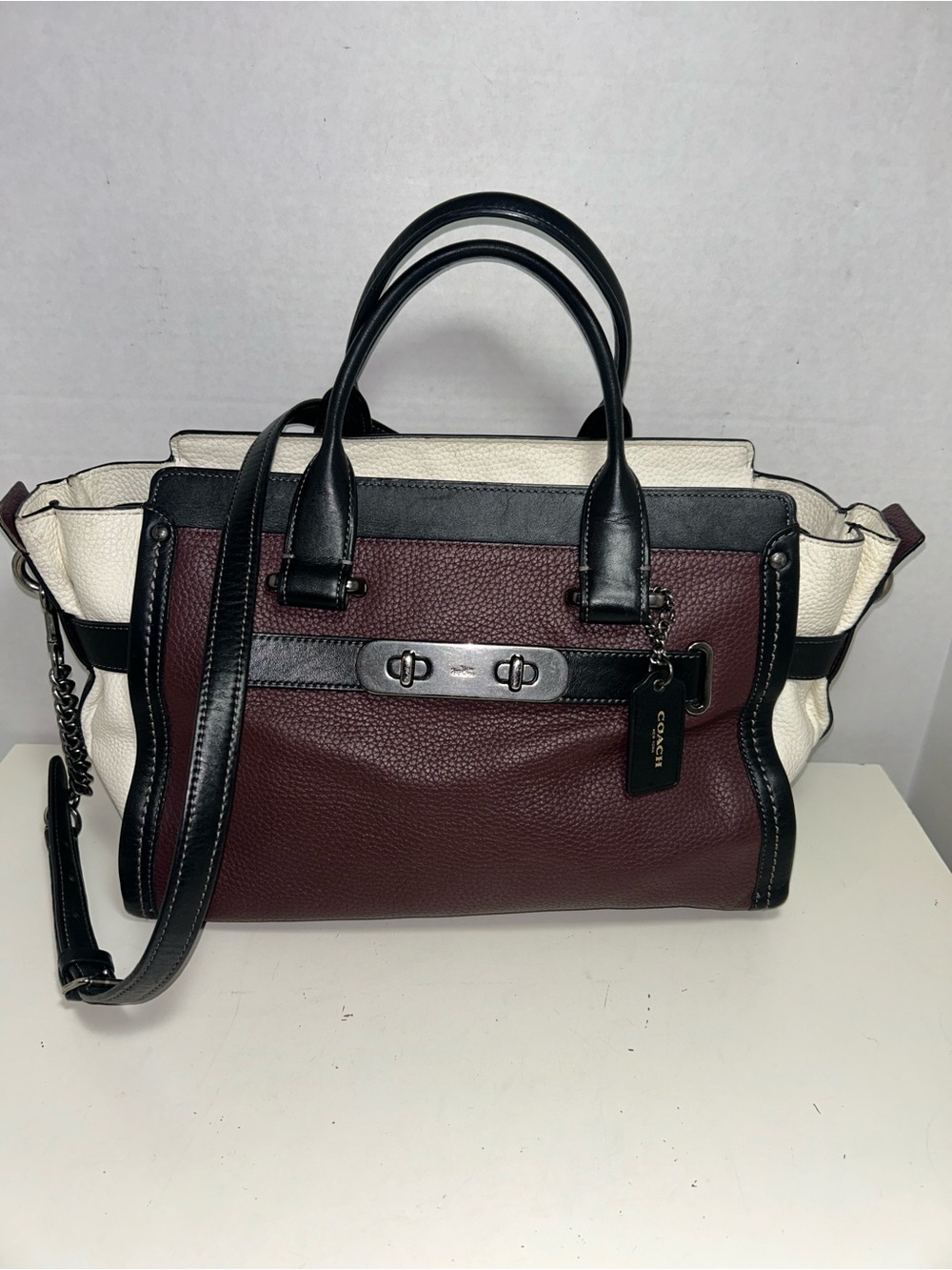 Coach Swagger Color Block Burgundy Black Ivory Leather Satchel Shoulder Bag